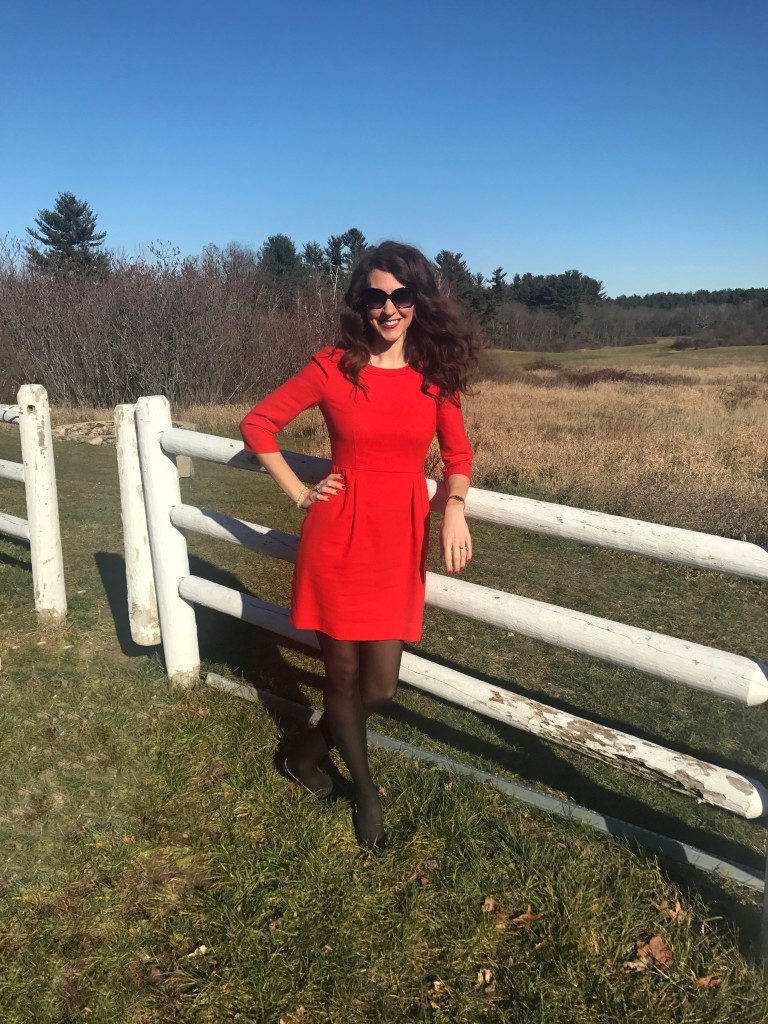 Red J Crew Dress Black Tights Black BCBG patent leather pumps Kate Spade Sunglasses From the Closet OOTD From the Family With Love Christmas Outfit