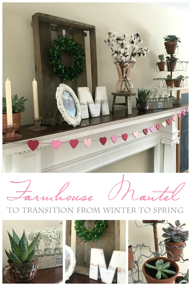 Winter to Spring transitional mantel Farmhouse decor, succulents, terra cotta, pink depression glass, Magnolia Market, Harp Designs, boxwood wreath, monogram, baby's breath, farmhouse mantel - From the Family With Love