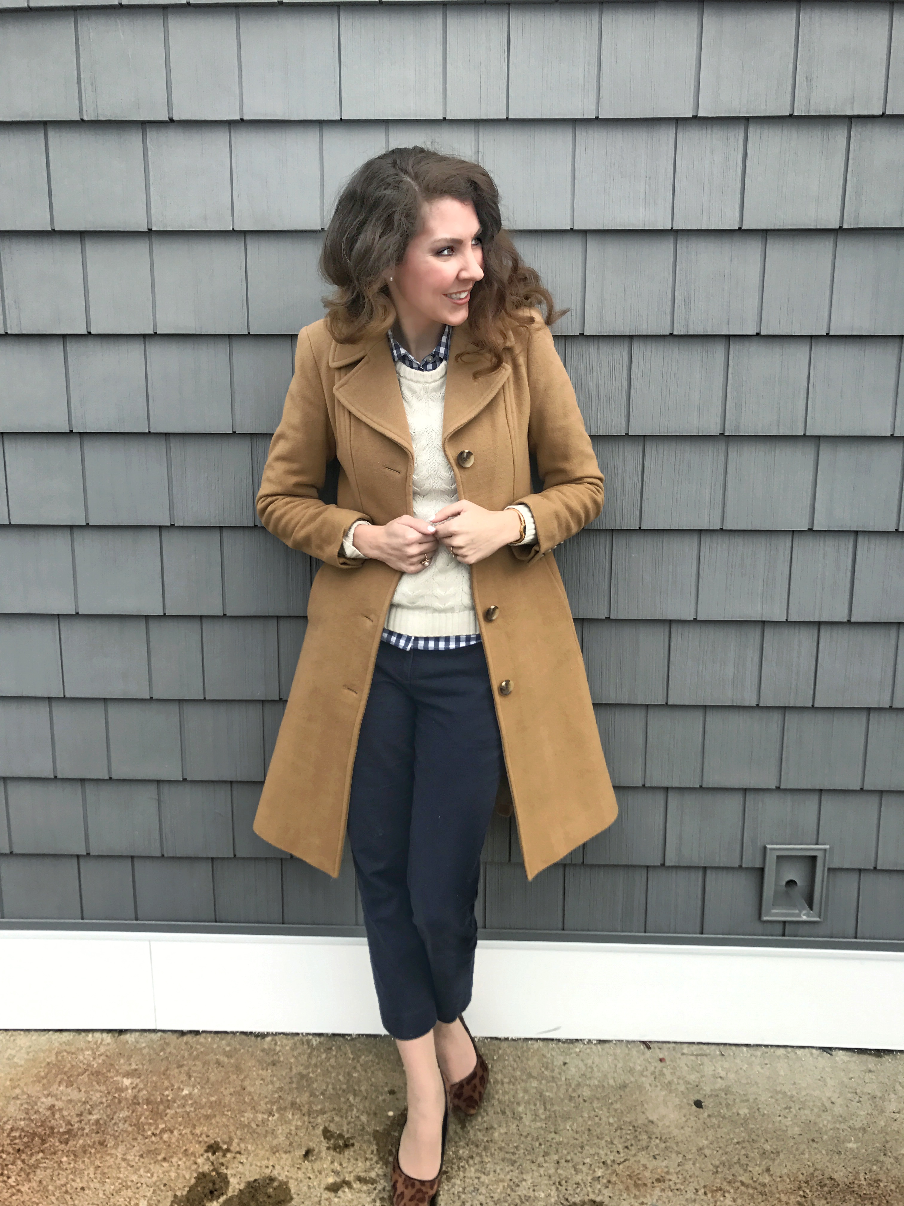 Navy gingham button up, ivory cable sweater, navy cropped ankle pants, leopard heels, camel colored coat, Anne Klein, Lands End, Vineyard Vines, Gap - From the Family With Love