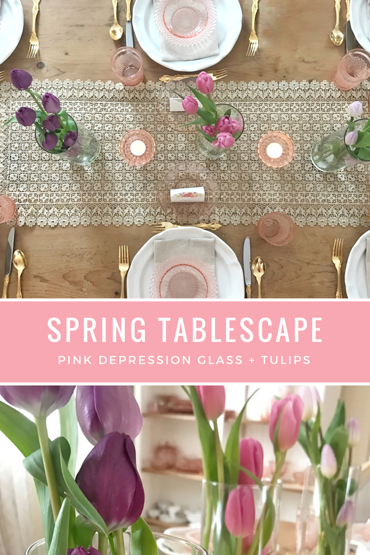 Spring Brunch Tablescape with Tulips and Pink Depression glass (Miss America Pink Depression Glass, French Countryside Mikasa) Easter, Mother's Day - From the Family with Love