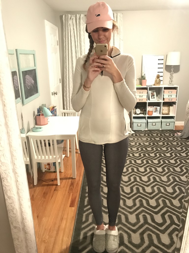 Land's end ivory quarter zip fleece, grey yoga pants, vineyard vines pink baseball hat, grey fur slippers - From the Mirror - From the Family With Love