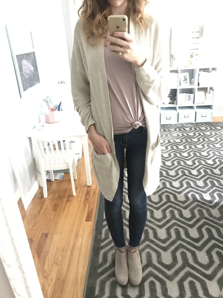 Nordstrom BP cardigan sweater, Articles of Society jeans, Sam Edelman taupe booties outfit - From the Mirror - From the Family With Love