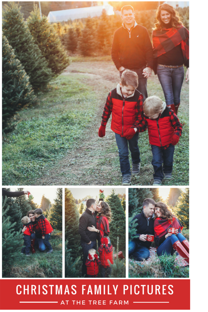 Merry Christmas family pictures 2017 - From the Family With Love - buffalo check family outfits, red Hunter boots, mistletoe, red mittens, tree farm, red vests, buffalo plaid scarf