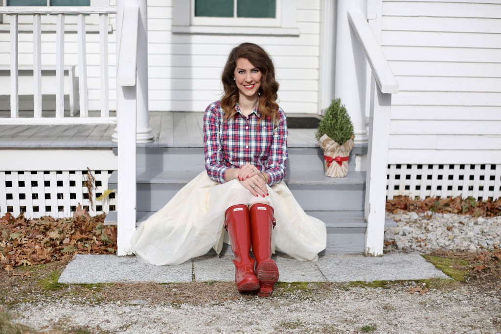 Holiday Midi Skirts - 9 Festive Favorites - red Hunter boots, Vineyard Vines Christmas plaid, red lips, Mac Russian Red Lipstick - From the Family With Love