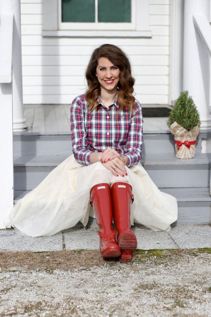 Holiday Midi Skirts - 9 Festive Favorites - red Hunter boots, Vineyard Vines Christmas plaid, ivory tulle skirt, red lips, Mac Russian Red Lipstick - From the Family With Love