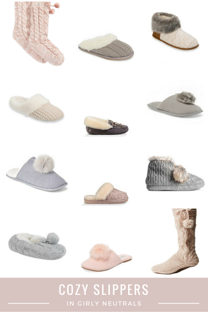 Cozy Slippers in girly neutrals - gift guide - fur, pom poms, ivory, grey, blush - From the Family With Love