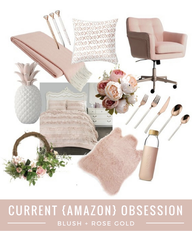 current obsession of blush and rose gold for the home, office, bedroom, kitchen - blush floral wreath, blush throw, blush pineapple, blush bedding, blush sheepskin, rose gold flatware, blush office chair, blush rose gold water bottle, rose gold pens, rose gold pillow - From the Family with Love