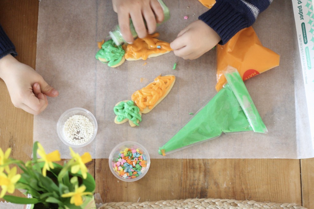 Frosted Sugar Cookies recipe with My Hannaford Rewards - Decorating cut out cookies with kids - carrot sugar cookies - carrot cutout cookies - From the Family With Love