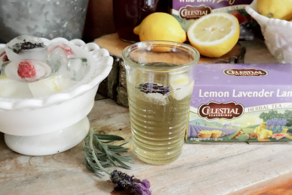 Lavender Lemon Cold brew iced tea recipe with herb and fruit embellished ice cubes recipe summer beverage