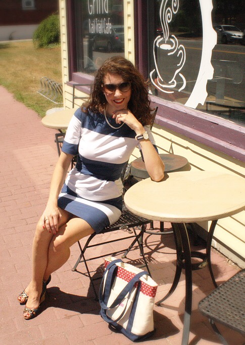 Preppy Navy and White Corilynn Dress with Vineyard Vines tote pearls and Daniel Wellington watch