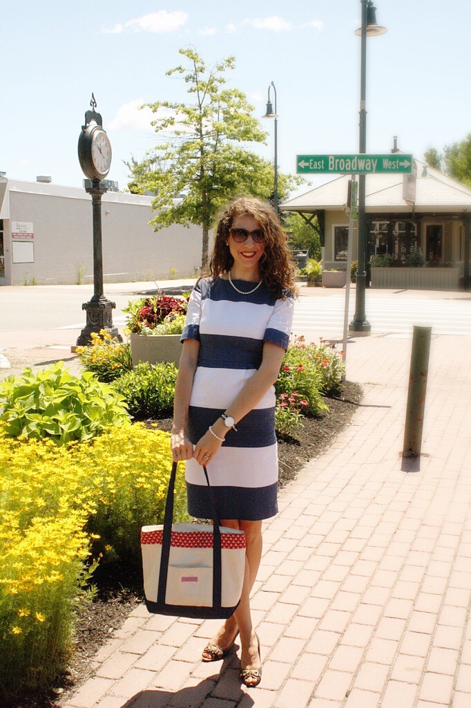Preppy Navy and White Corilynn Dress with Vineyard Vines tote pearls and Daniel Wellington watch