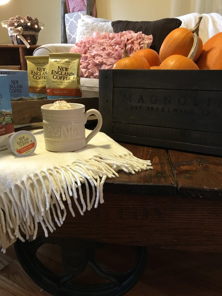 Flavors of Fall Home Tour Beige Neutral Farmhouse Style Fall Decor From the Family With Love New England, Magnolia Crate, Magnolia Mug, ivory afghan, industrial cart coffee table, pink pillows, knit pillows, blanket ladder, vintage trunk