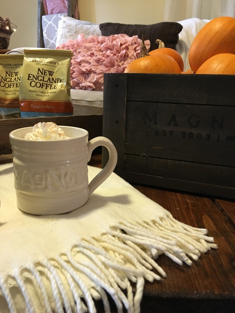 Flavors of Fall Home Tour Beige Neutral Farmhouse Style Fall Decor From the Family With Love New England, Magnolia Crate, Magnolia Mug, ivory afghan, industrial cart coffee table, pink pillows, knit pillows, blanket ladder, vintage trunk