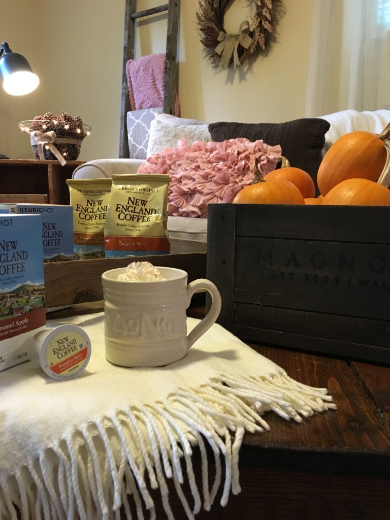 Flavors of Fall Home Tour Beige Neutral Farmhouse Style Fall Decor From the Family With Love New England, Magnolia Crate, Magnolia Mug, ivory afghan, industrial cart coffee table, pink pillows, knit pillows, blanket ladder, vintage trunk