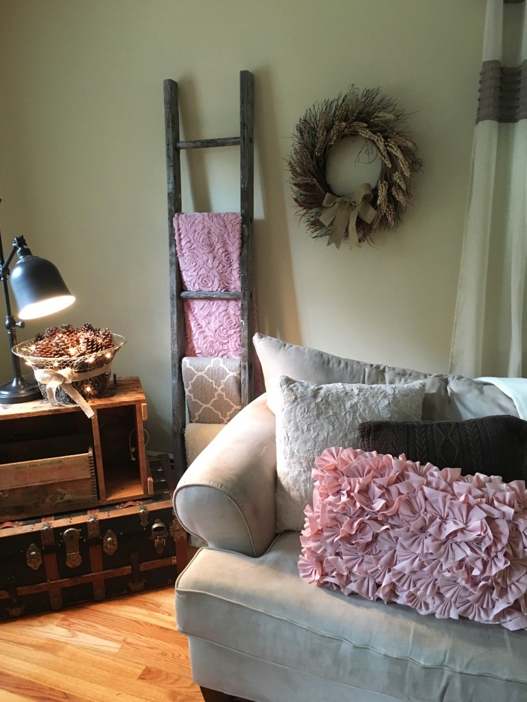 Flavors of Fall Home Tour Beige Neutral Farmhouse Style Fall Decor From the Family With Love New England, Magnolia Crate, Magnolia Mug, ivory afghan, industrial cart coffee table, pink pillows, knit pillows, blanket ladder, vintage trunk