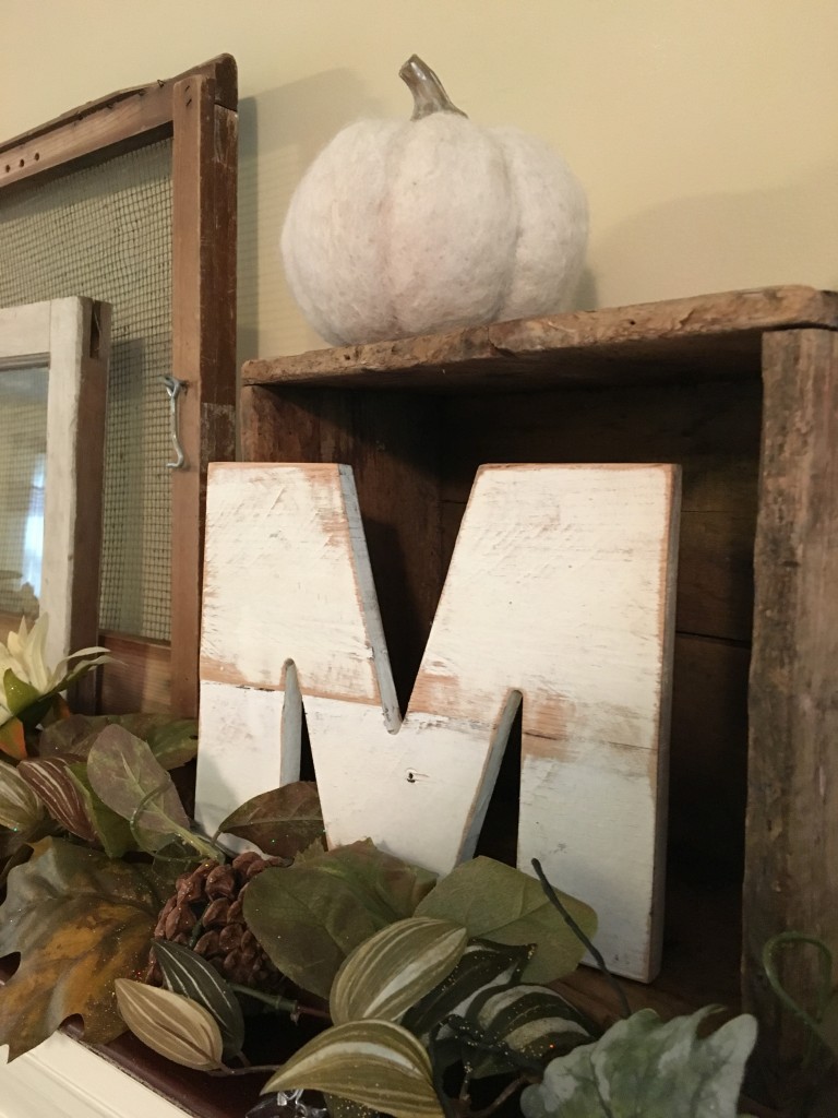 Flavors of Fall Home Tour Beige Neutral Farmhouse Style Fall Decor From the Family With Love Fall Mantel , Magnolia Market, antique window, monogram m, acorns, pumpkins, garland, cotton blossoms, cotton stems