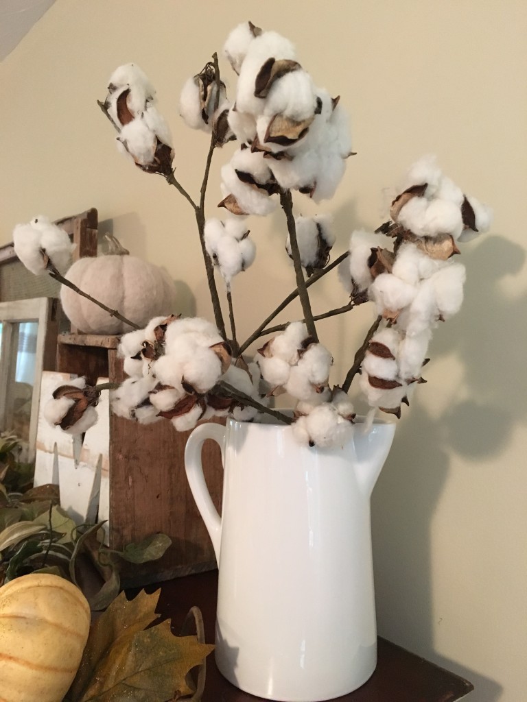 Flavors of Fall Home Tour Beige Neutral Farmhouse Style Fall Decor From the Family With Love Fall Mantel , Magnolia Market, antique window, monogram m, acorns, pumpkins, garland, cotton blossoms, cotton stems