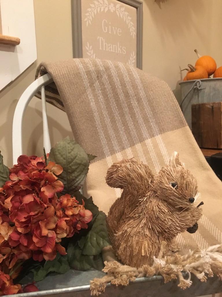 Flavors of Fall Home Tour Beige Neutral Fall Decor From the Family With Love, squirrel, hydrangeas, plaid afghan