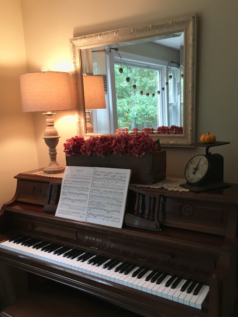 Flavors of Fall Home Tour Beige Neutral Farmhouse Style Fall Decor From the Family With Love decorate piano, hydrangeas, vintage wood box, vintage scale