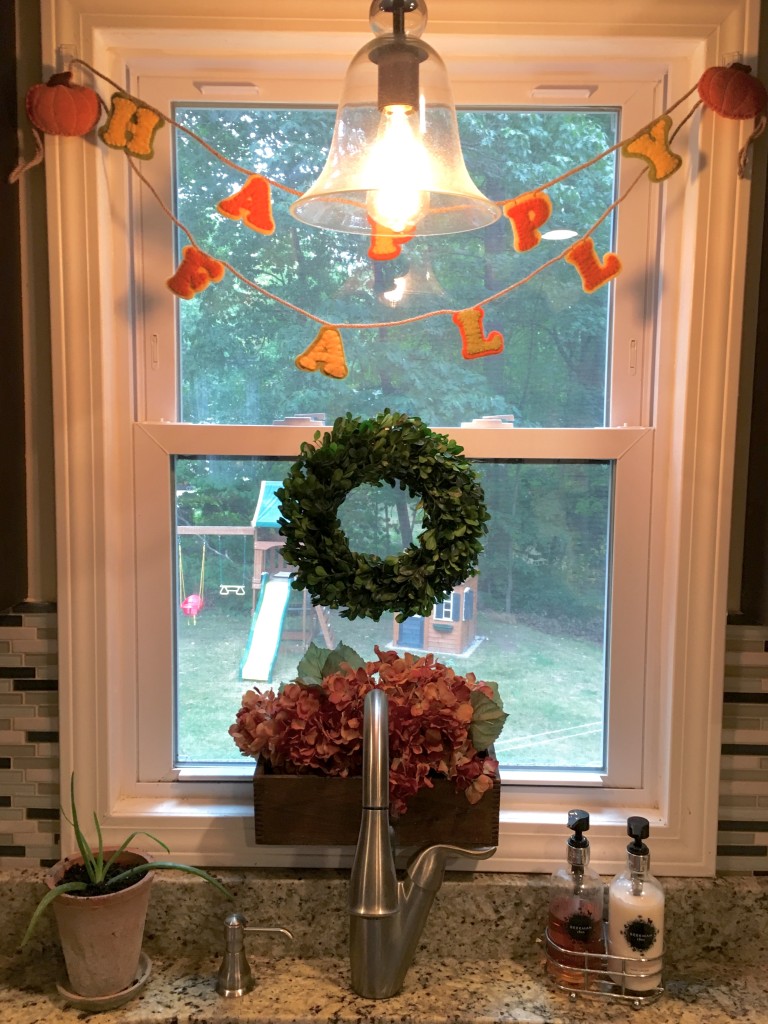 Flavors of Fall Home Tour Beige Neutral Farmhouse Style Fall Decor From the Family With Love kitchen sink, boxwood wreath, fall garland, hydrangeas
