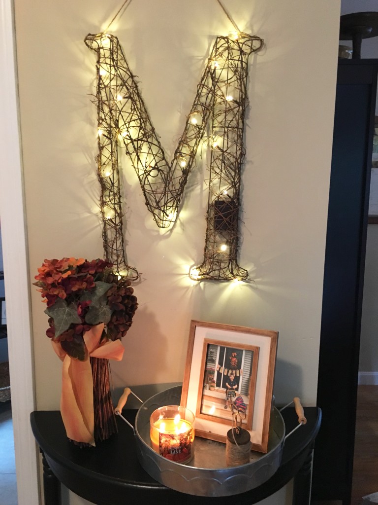 Flavors of Fall Home Tour Beige Neutral Farmhouse Style Fall Decor From the Family With Love monogram M, hydrangeas, Candle, entryway