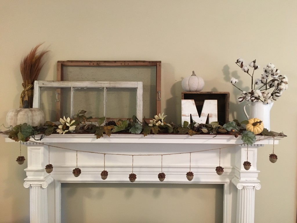 Flavors of Fall Home Tour Beige Neutral Farmhouse Style Fall Decor From the Family With Love Fall Mantel , Magnolia Market, antique window, monogram m, acorns, pumpkins, garland, cotton blossoms, cotton stems