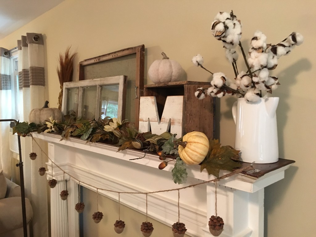 Flavors of Fall Home Tour Beige Neutral Farmhouse Style Fall Decor From the Family With Love Fall Mantel , Magnolia Market, antique window, monogram m, acorns, pumpkins, garland, cotton blossoms, cotton stems