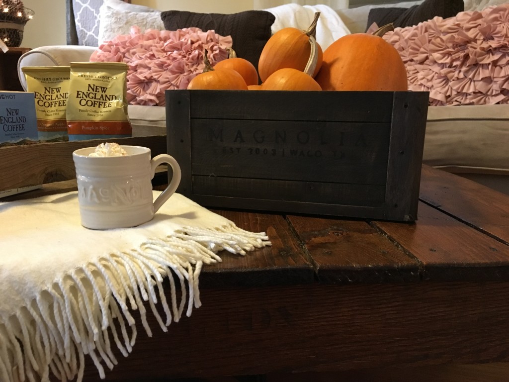 Flavors of Fall Home Tour Beige Neutral Farmhouse Style Fall Decor From the Family With Love New England, Magnolia Crate, Magnolia Mug, ivory afghan, industrial cart coffee table, pink pillows, knit pillows, blanket ladder, vintage trunk