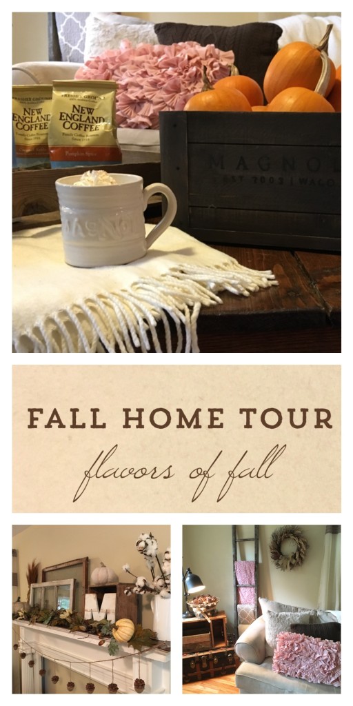 Flavors of Fall Home Tour Beige Neutral Farmhouse Style Fall Decor From the Family With Love New England, Magnolia Crate, Magnolia Mug, ivory afghan, industrial cart coffee table, pink pillows, knit pillows, blanket ladder, vintage trunk