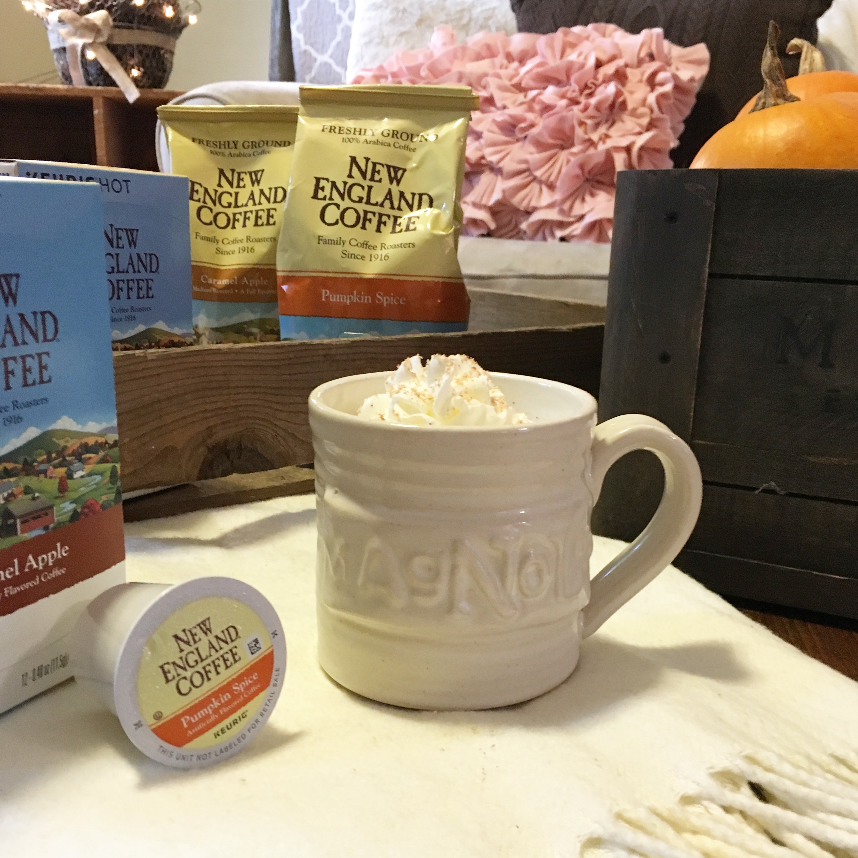 Flavors of Fall Home Tour Beige Neutral Farmhouse Style Fall Decor From the Family With Love New England, Magnolia Crate, Magnolia Mug, ivory afghan, industrial cart coffee table, pink pillows, knit pillows, blanket ladder, vintage trunk