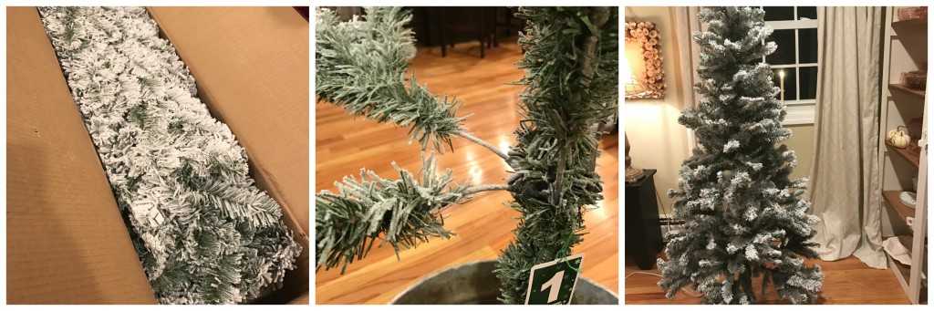 White Christmas 6' Flocked Christmas Tree with lights and pinecones for under $40 DIY From the Family With Love steps 1-3