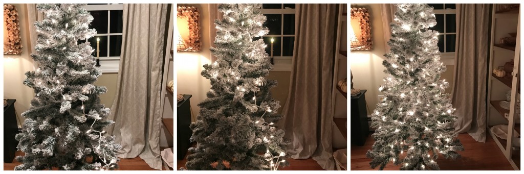 White Christmas 6' Flocked Christmas Tree with lights and pinecones for under $40 DIY From the Family With Love steps 4-6