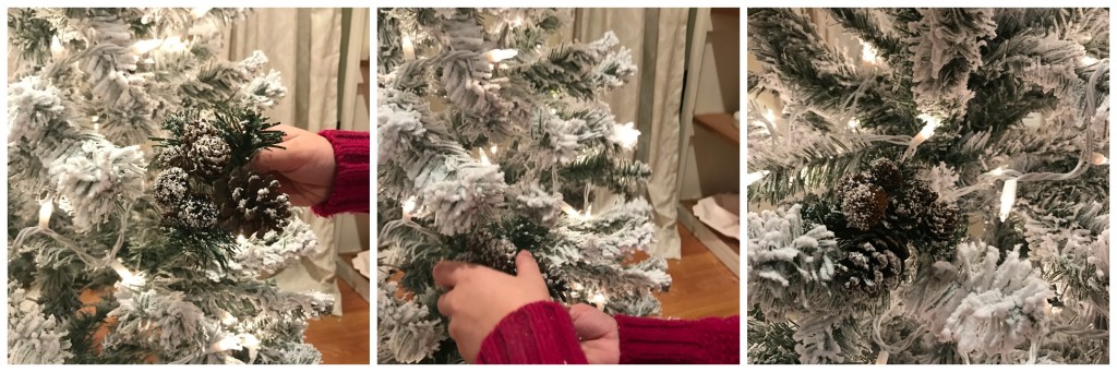 White Christmas 6' Flocked Christmas Tree with lights and pinecones for under $40 DIY From the Family With Love steps 7-9