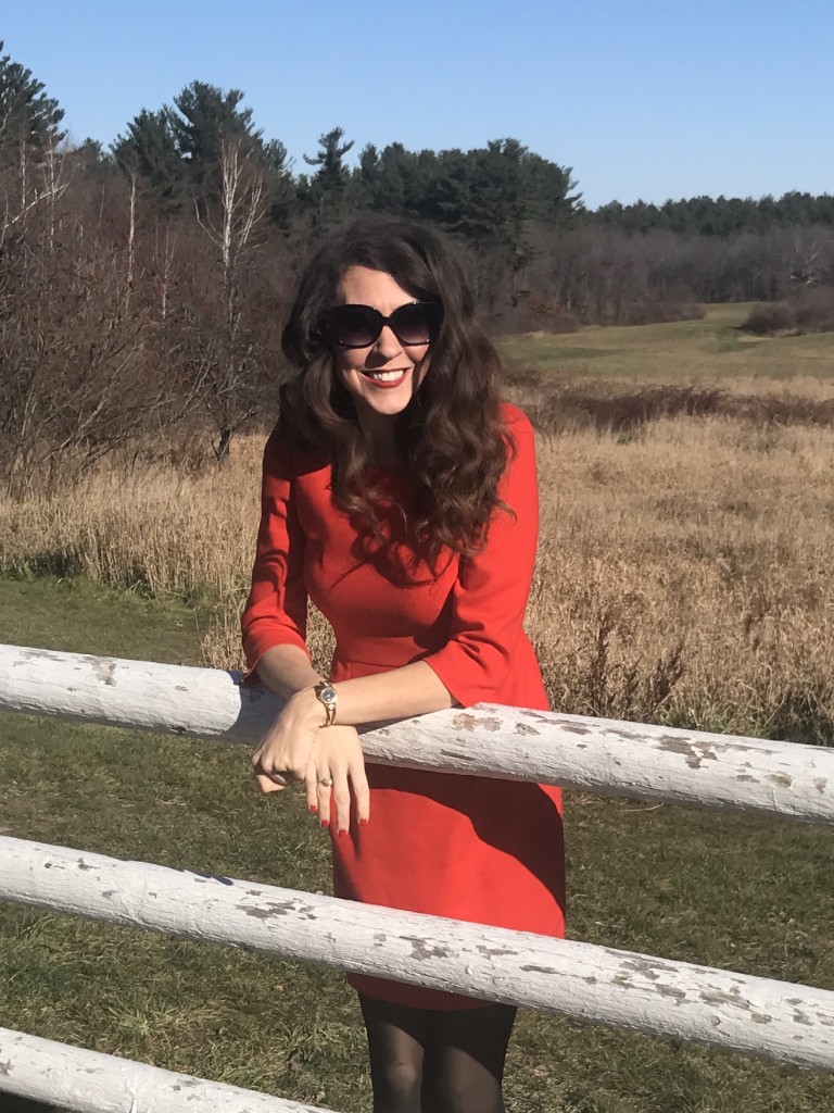 Red J Crew Dress Black Tights Black BCBG patent leather pumps Kate Spade Sunglasses From the Closet OOTD From the Family With Love Christmas Outfit