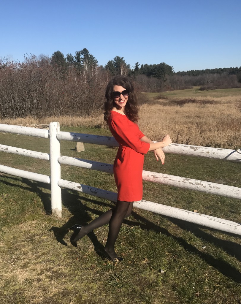 Red J Crew Dress Black Tights Black BCBG patent leather pumps Kate Spade Sunglasses From the Closet OOTD From the Family With Love Christmas Outfit