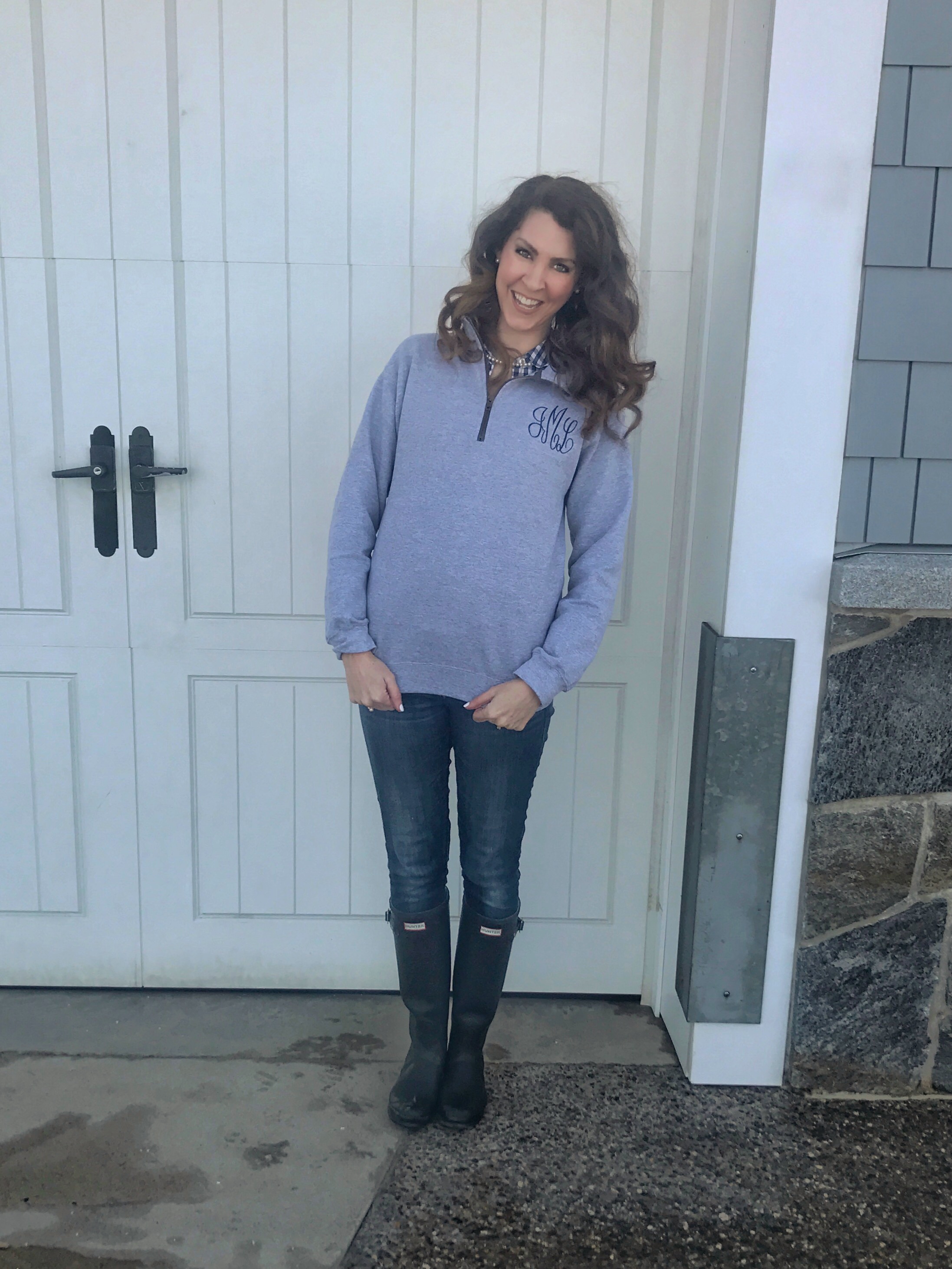 Grey monogrammed Jane pullover, navy gingham Vineyard Vines button up shirt, navy Hunter rain boots - February beach day in New England - From the Closet - From the Family with Love