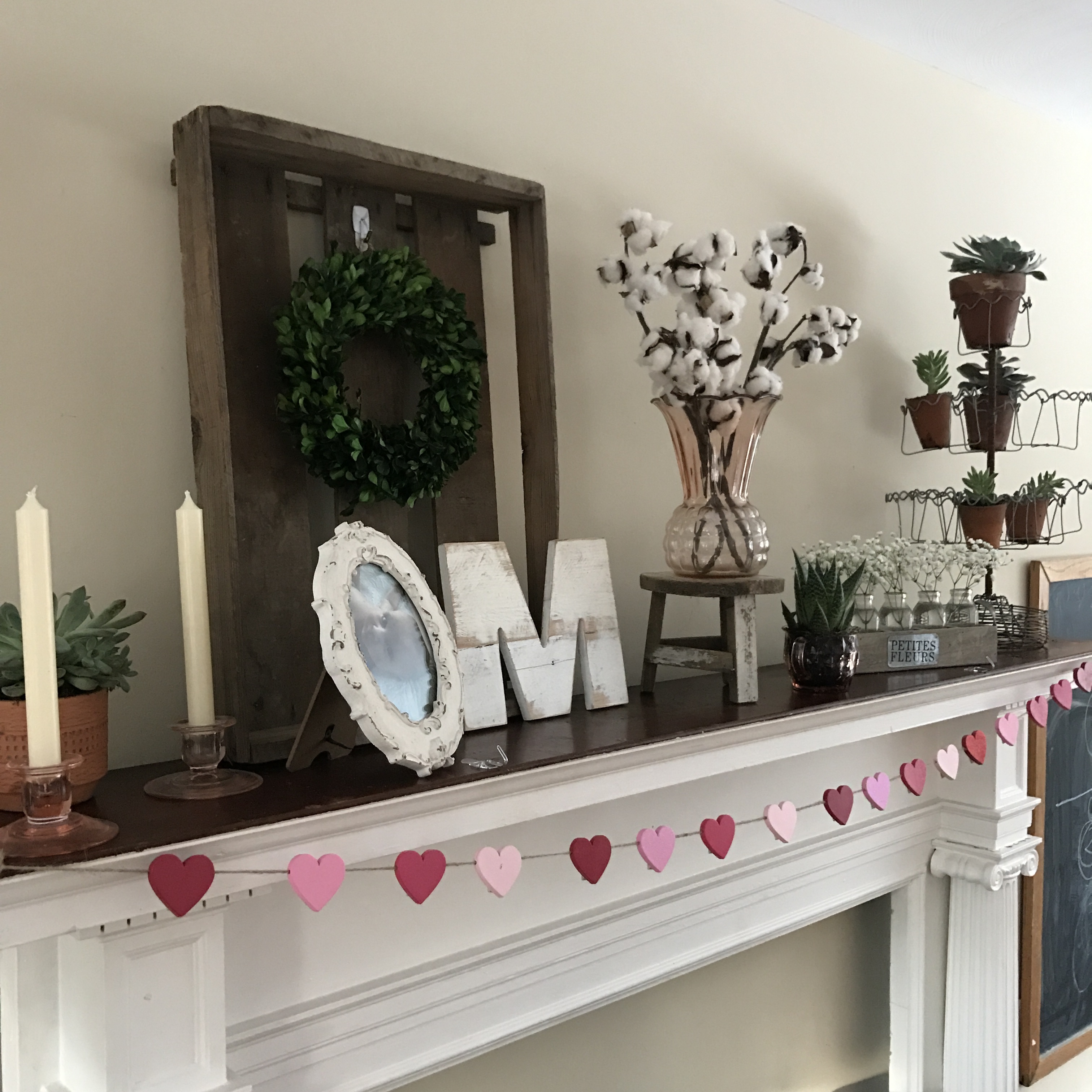 Winter to Spring Mantel: Farmhouse and Succulents