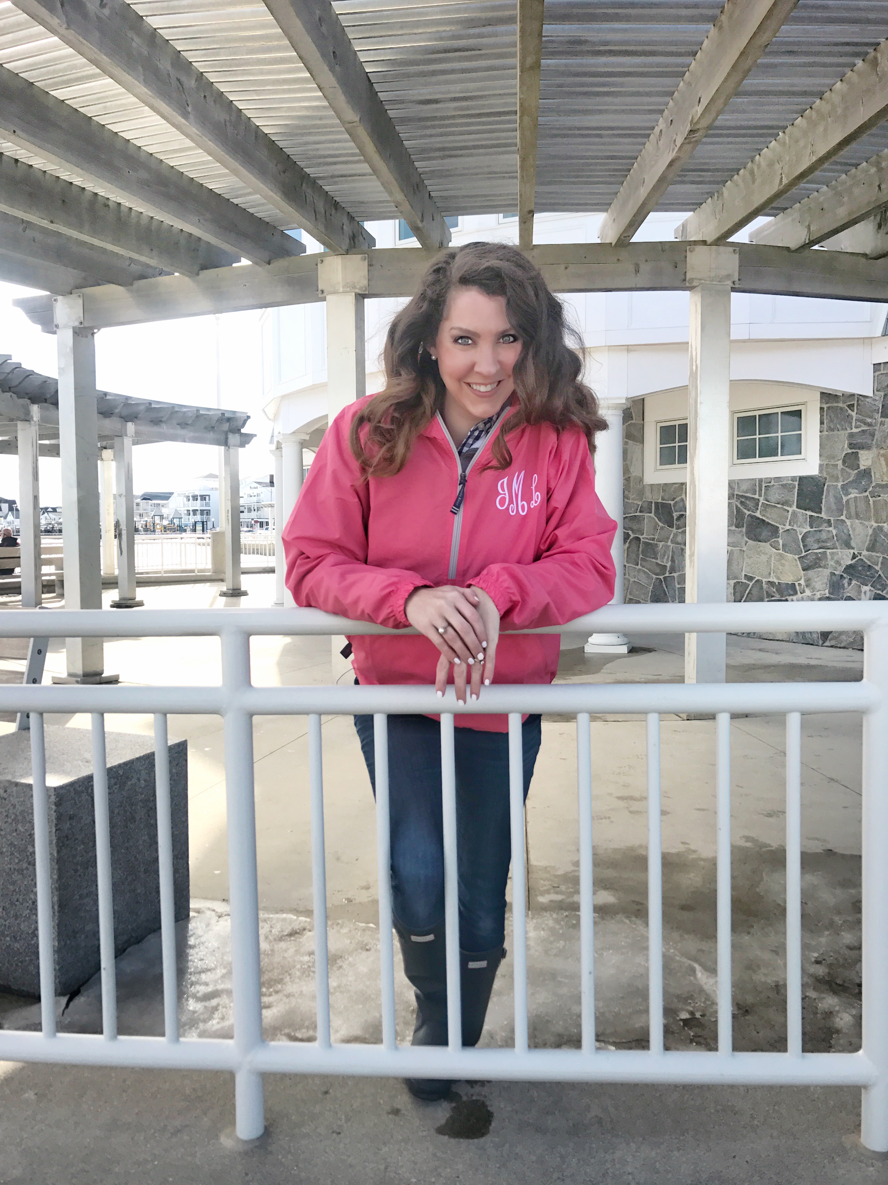  Pink Monogrammed Raincoat rain jacket preppy New England fashion with navy Hunter boots