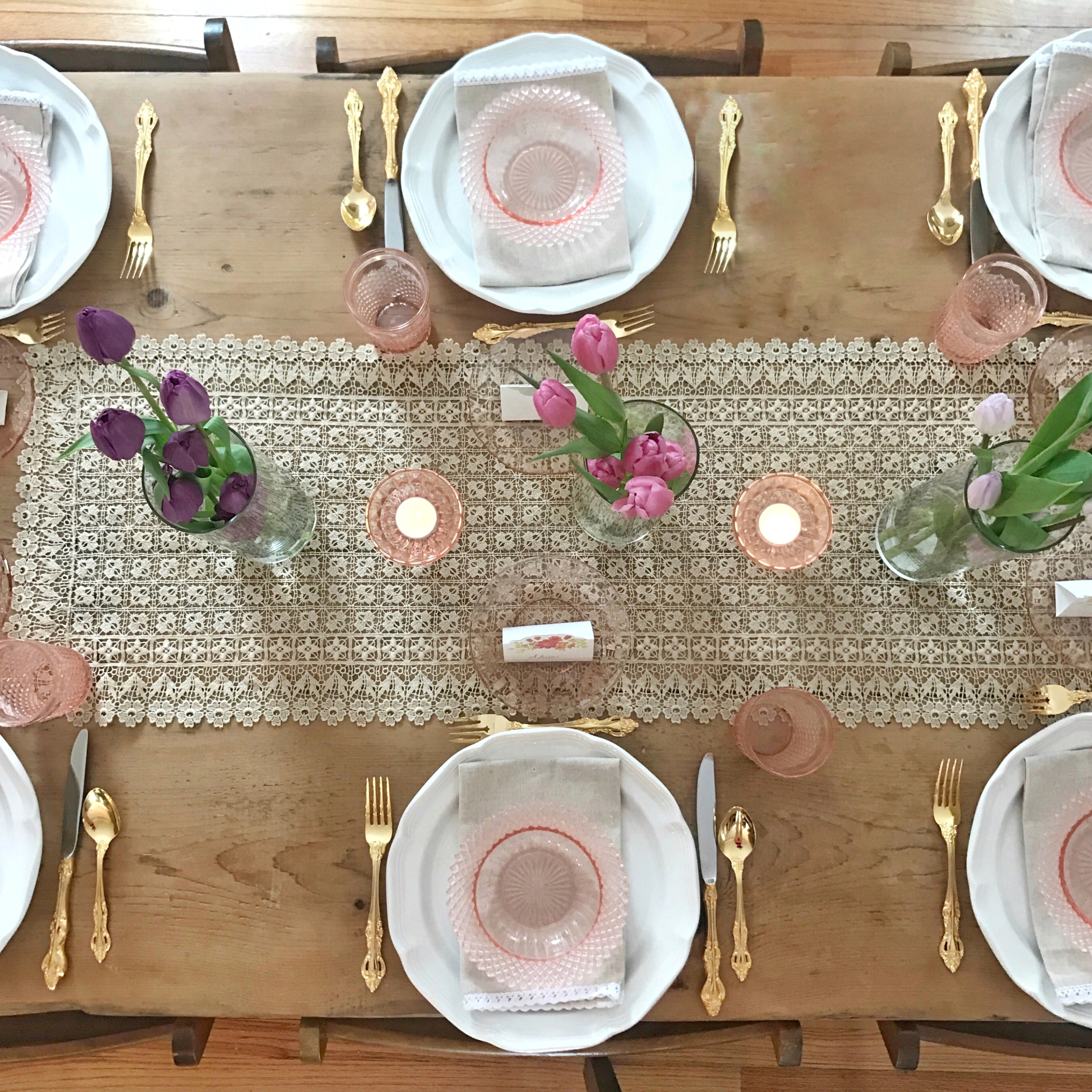 Spring Brunch Tablescape with Tulips and Pink Depression glass (Miss America Pink Depression Glass, French Countryside Mikasa) Easter, Mother's Day - From the Family with Love
