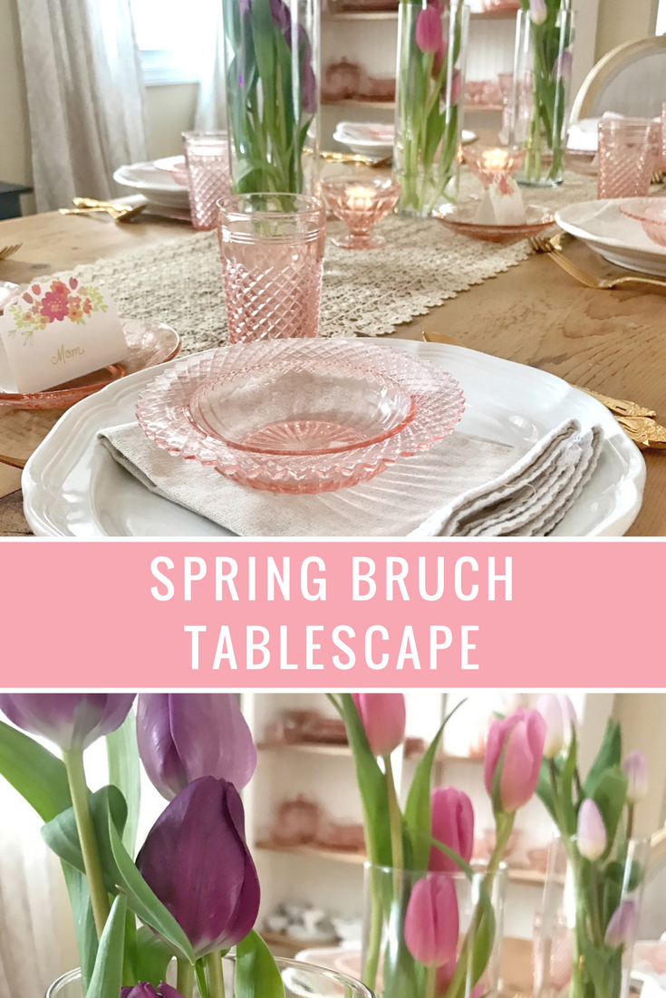 Spring Brunch Tablescape with Tulips and Pink Depression glass (Miss America Pink Depression Glass, French Countryside Mikasa) Easter, Mother's Day - From the Family with Love