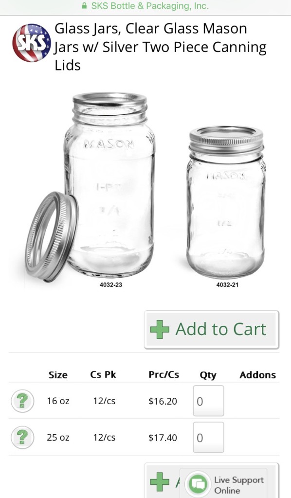 The SKS Clear Glass Mason Jars are offered in 2 sizes: 16 oz & 25 oz. I used the 16 oz.