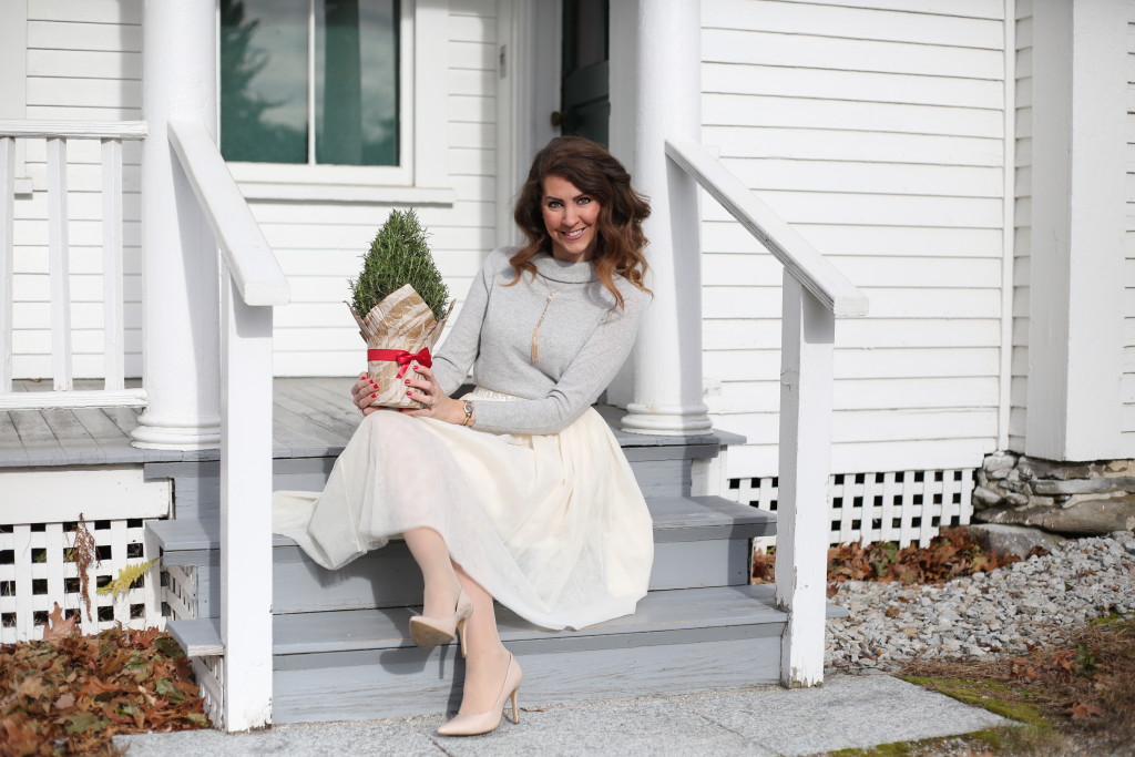 Holiday Midi Skirts - 9 Festive Favorites - Talbots Sabrina cashmere sweater, ivory tulle skirt, nude pumps, Clinique bamboo pink lipstick, Charming Charlie tassel necklace - From the Family With Love