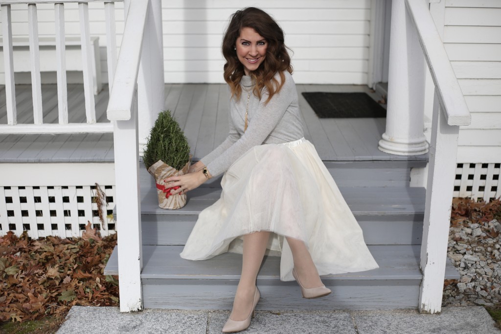 Holiday Midi Skirts - 9 Festive Favorites - Talbots Sabrina cashmere sweater, ivory tulle skirt, nude pumps, Clinique bamboo pink lipstick, Charming Charlie tassel necklace - From the Family With Love