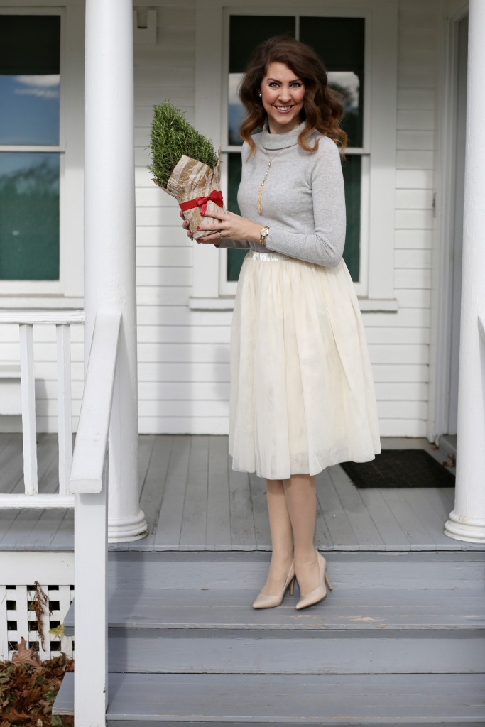 Holiday Midi Skirts - 9 Festive Favorites - Talbots Sabrina cashmere sweater, ivory tulle skirt, nude pumps, Clinique bamboo pink lipstick, Charming Charlie tassel necklace - From the Family With Love
