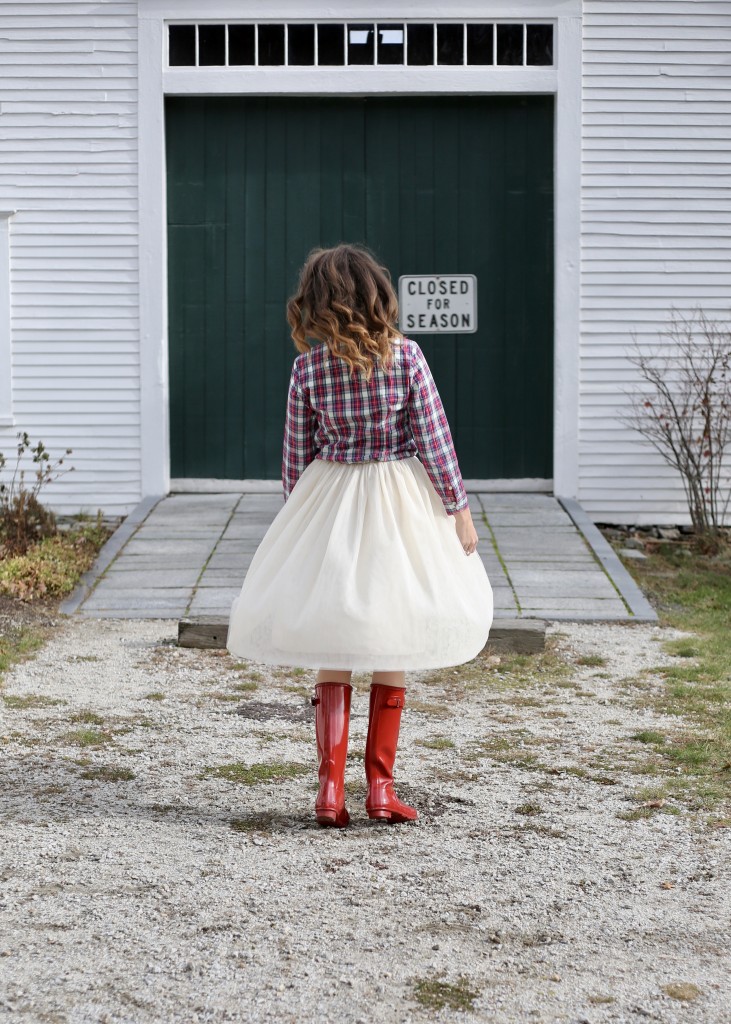 Holiday Midi Skirts - 9 Festive Favorites - red Hunter boots, Vineyard Vines Christmas plaid, ivory tulle skirt, red lips, Mac Russian Red Lipstick - From the Family With Love