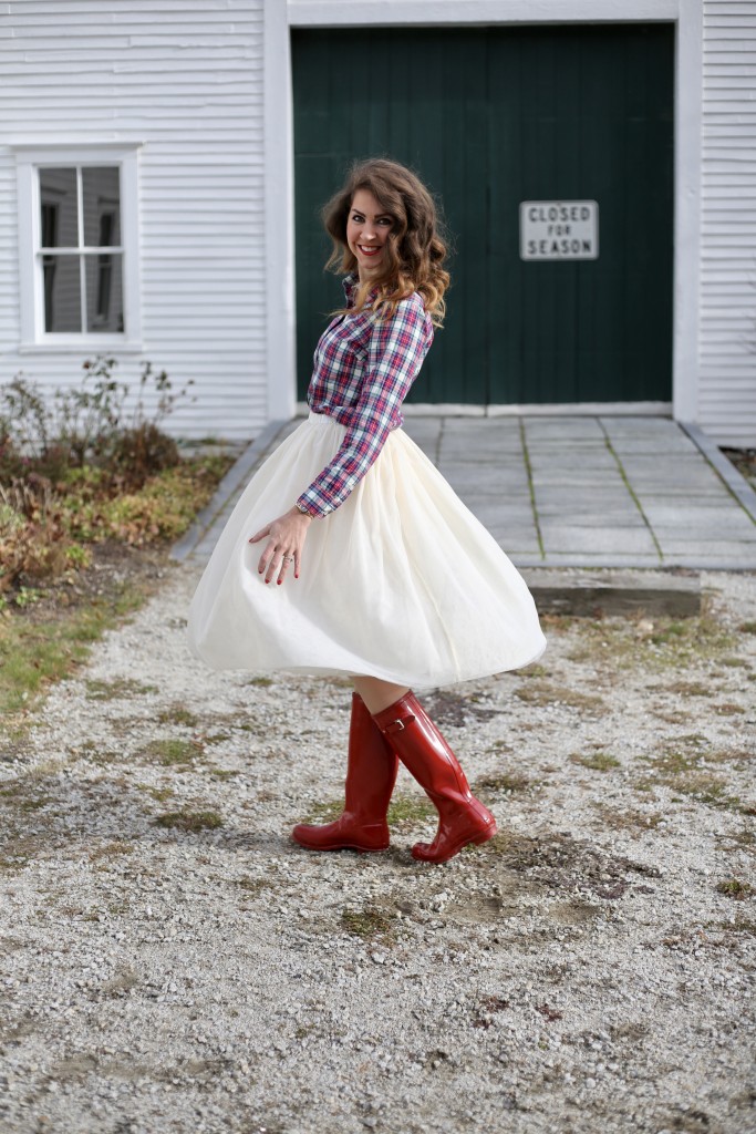 Holiday Midi Skirts - 9 Festive Favorites - red Hunter boots, Vineyard Vines Christmas plaid, ivory tulle skirt, red lips, Mac Russian Red Lipstick - From the Family With Love