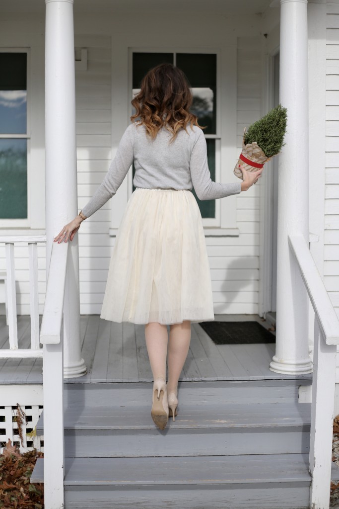 Holiday Midi Skirts - 9 Festive Favorites - Talbots Sabrina cashmere sweater, ivory tulle skirt, nude pumps, Clinique bamboo pink lipstick, Charming Charlie tassel necklace - From the Family With Love