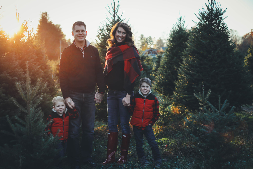 Merry Christmas family pictures 2017 - From the Family With Love - buffalo check family outfits, red Hunter boots, mistletoe, red mittens, tree farm, red vests, buffalo plaid scarf