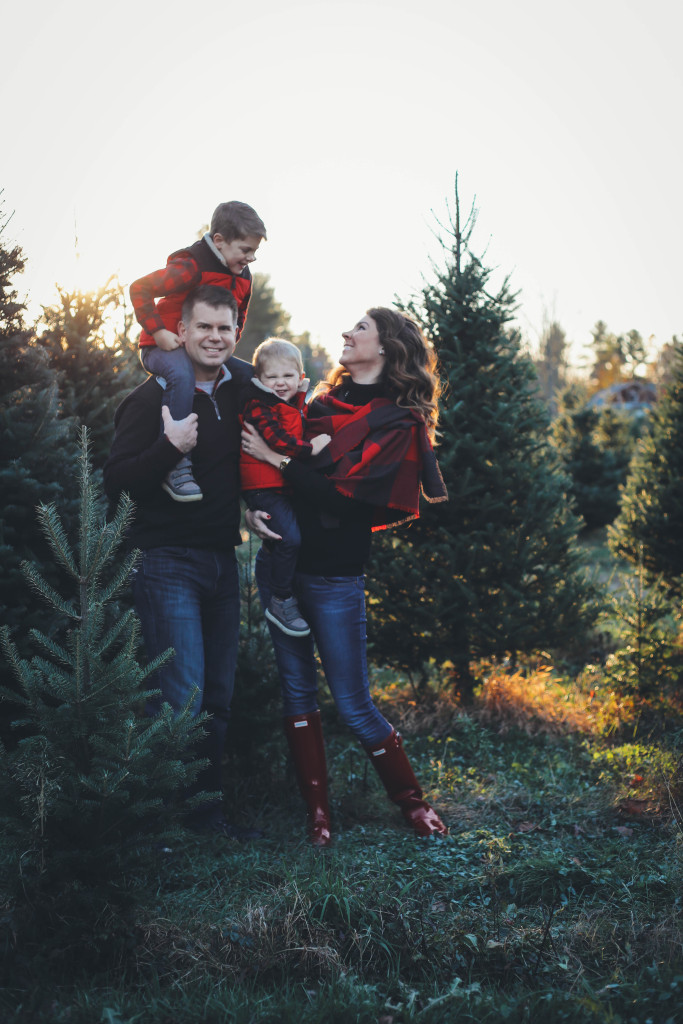 Merry Christmas family pictures 2017 - From the Family With Love - buffalo check family outfits, red Hunter boots, mistletoe, red mittens, tree farm, red vests, buffalo plaid scarf