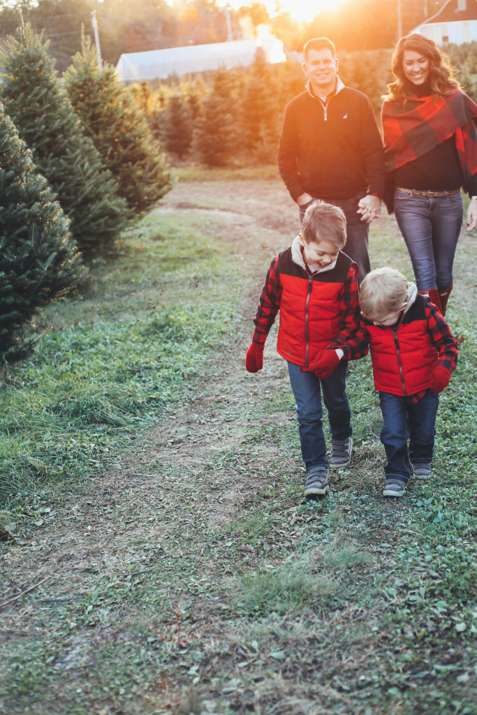 Merry Christmas family pictures 2017 - From the Family With Love - buffalo check family outfits, red Hunter boots, mistletoe, red mittens, tree farm, red vests, buffalo plaid scarf